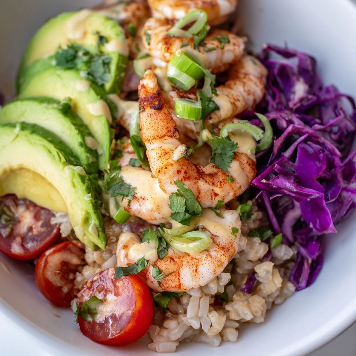 Colorful shrimp grain bowl arranged on rustic wood with vibrant cherry tomatoes and cilantro