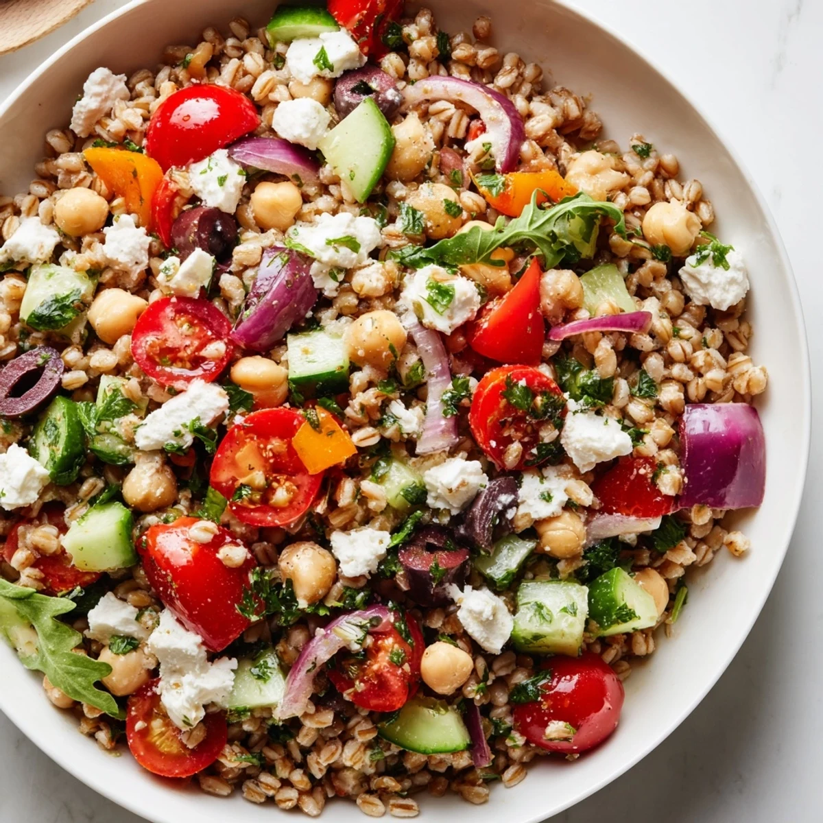 Colorful Mediterranean grain bowl topped with fresh vegetables, crumbled feta, and olives