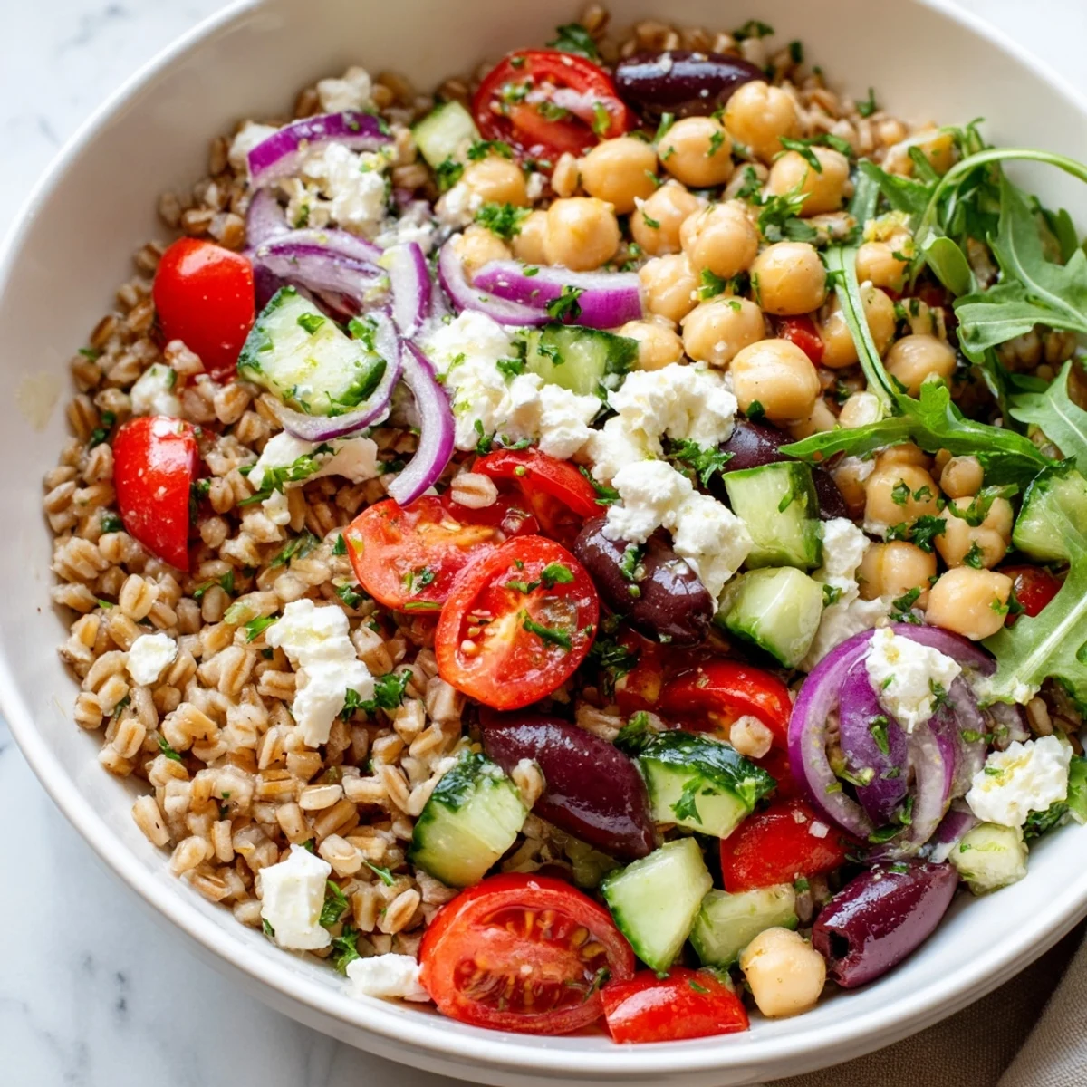 Warm Mediterranean grain bowl drizzled with bright lemon-herb dressing and crisp vegetables