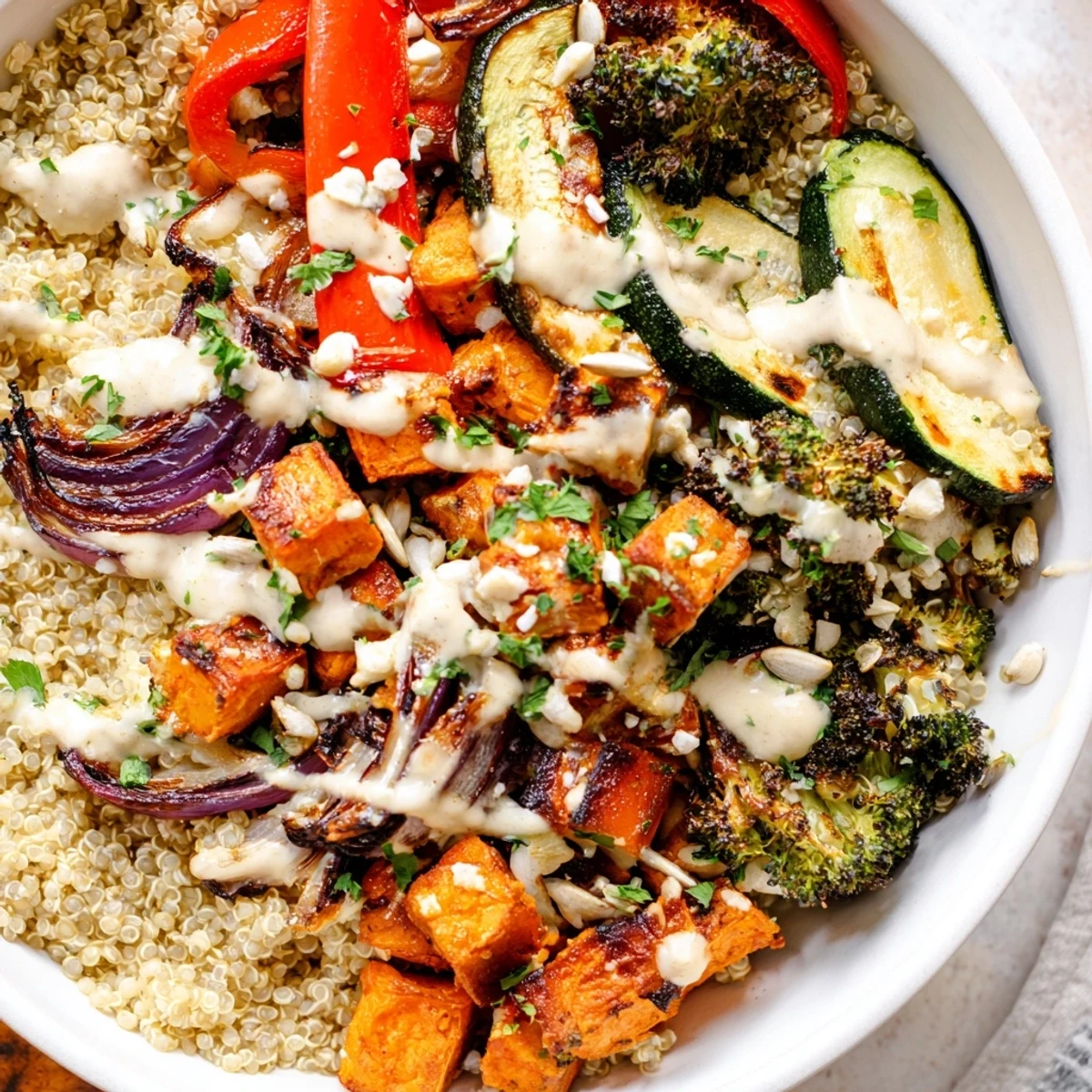 Colorful grain bowl with smoky roasted sweet potatoes, broccoli, and bell peppers topped with pumpkin seeds.