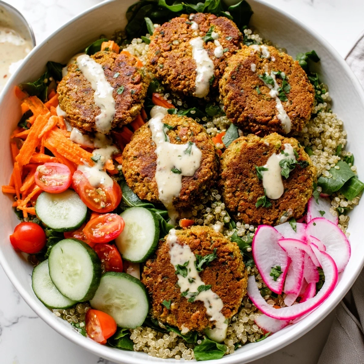Golden crispy falafel grain bowl topped with fresh veggies and creamy tahini drizzle