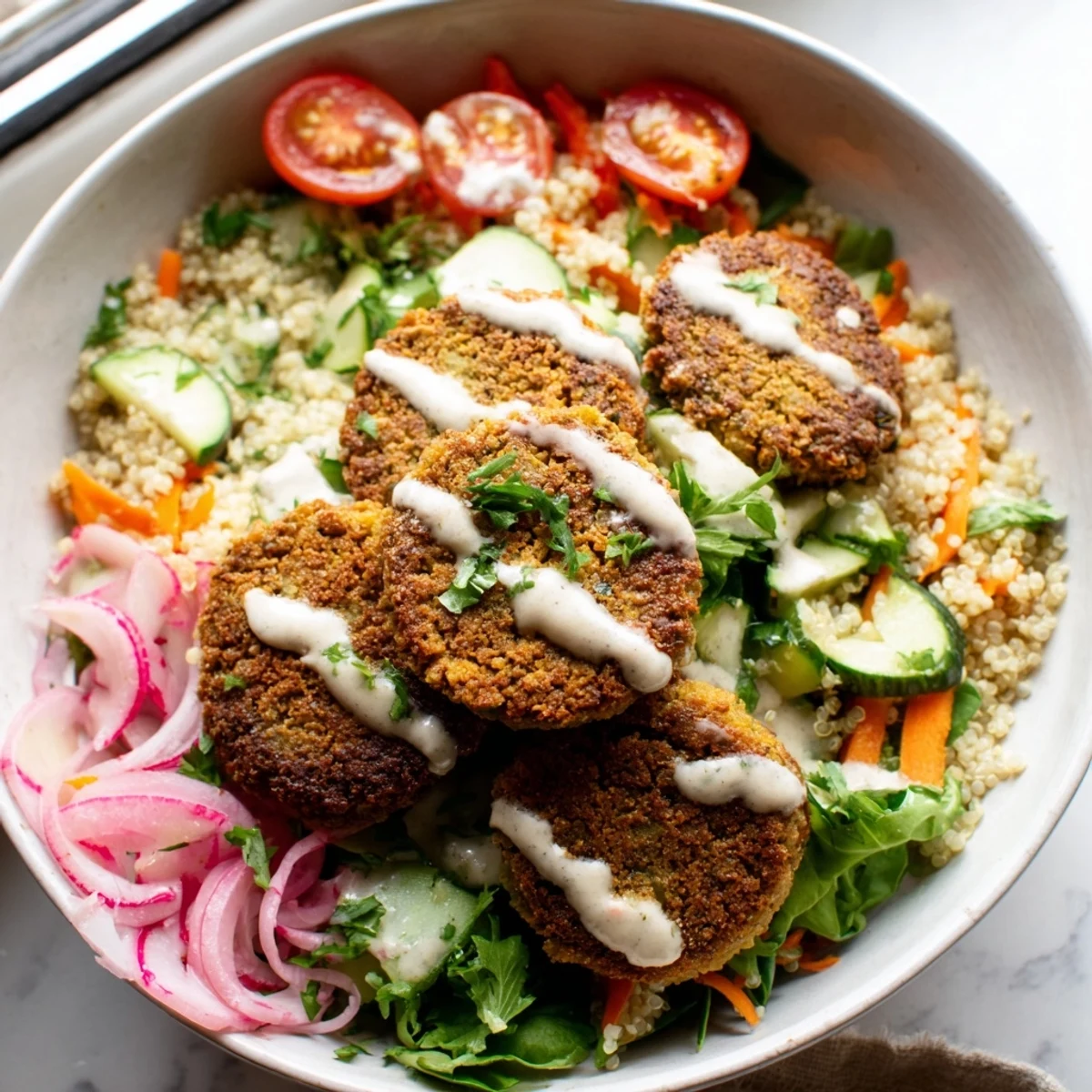 Vibrant falafel grain bowl with shredded carrot, cherry tomatoes, and herbed dressing