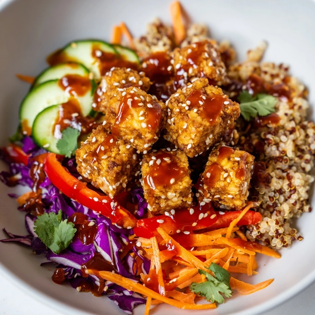Crispy spicy tofu grain bowl loaded with colorful vegetables and sesame drizzle