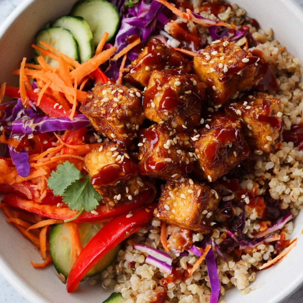 Golden baked tofu crowns this spicy tofu grain bowl with fresh crunchy slaw