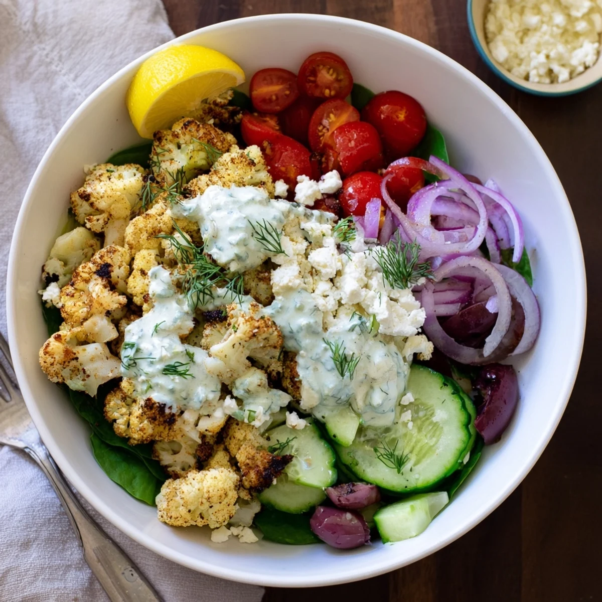Golden roasted Greek cauliflower bowl topped with crumbled feta and fresh vegetables
