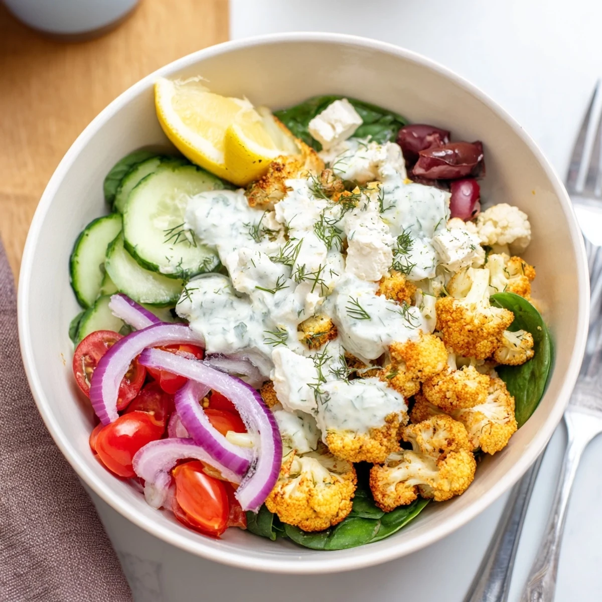 Vibrant Greek cauliflower bowl with creamy tzatziki drizzle over tender spiced florets