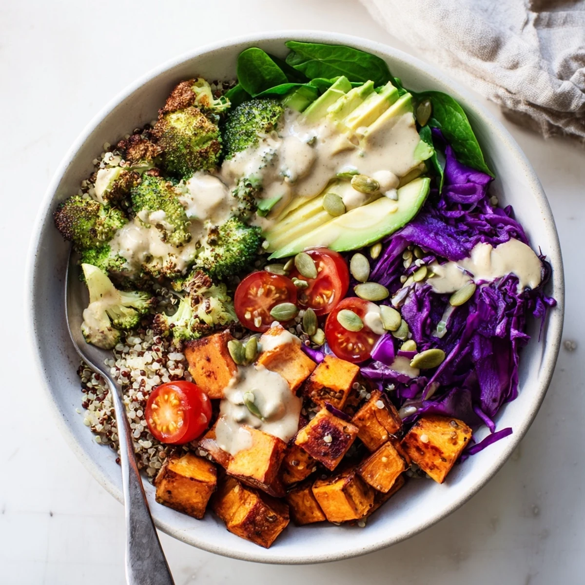Vegan Buddha Bowl with roasted sweet potatoes, creamy avocado, and drizzled tahini dressing