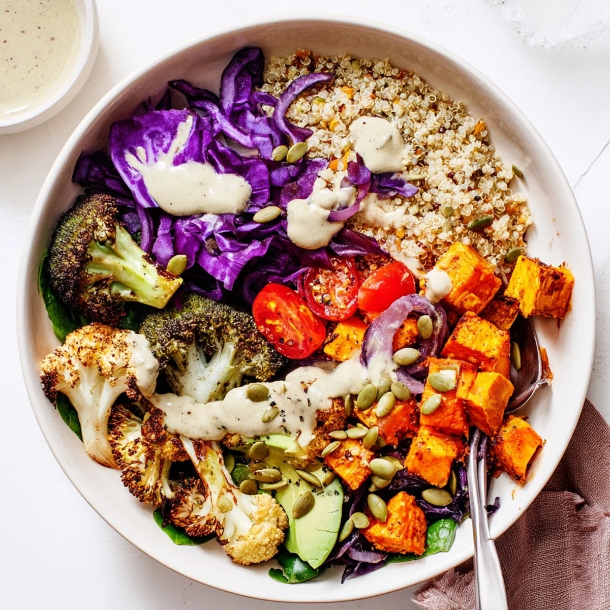 Colorful Vegan Buddha Bowl featuring fluffy quinoa, crisp vegetables, and toasted pumpkin seeds
