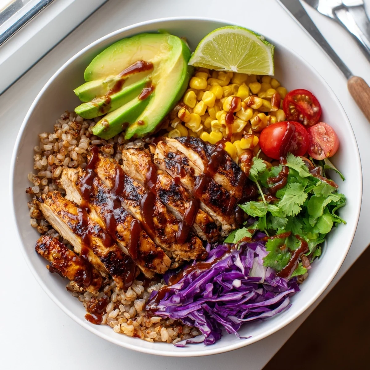 Smoky barbecue chicken grain bowl topped with fresh avocado, corn, and colorful vegetables