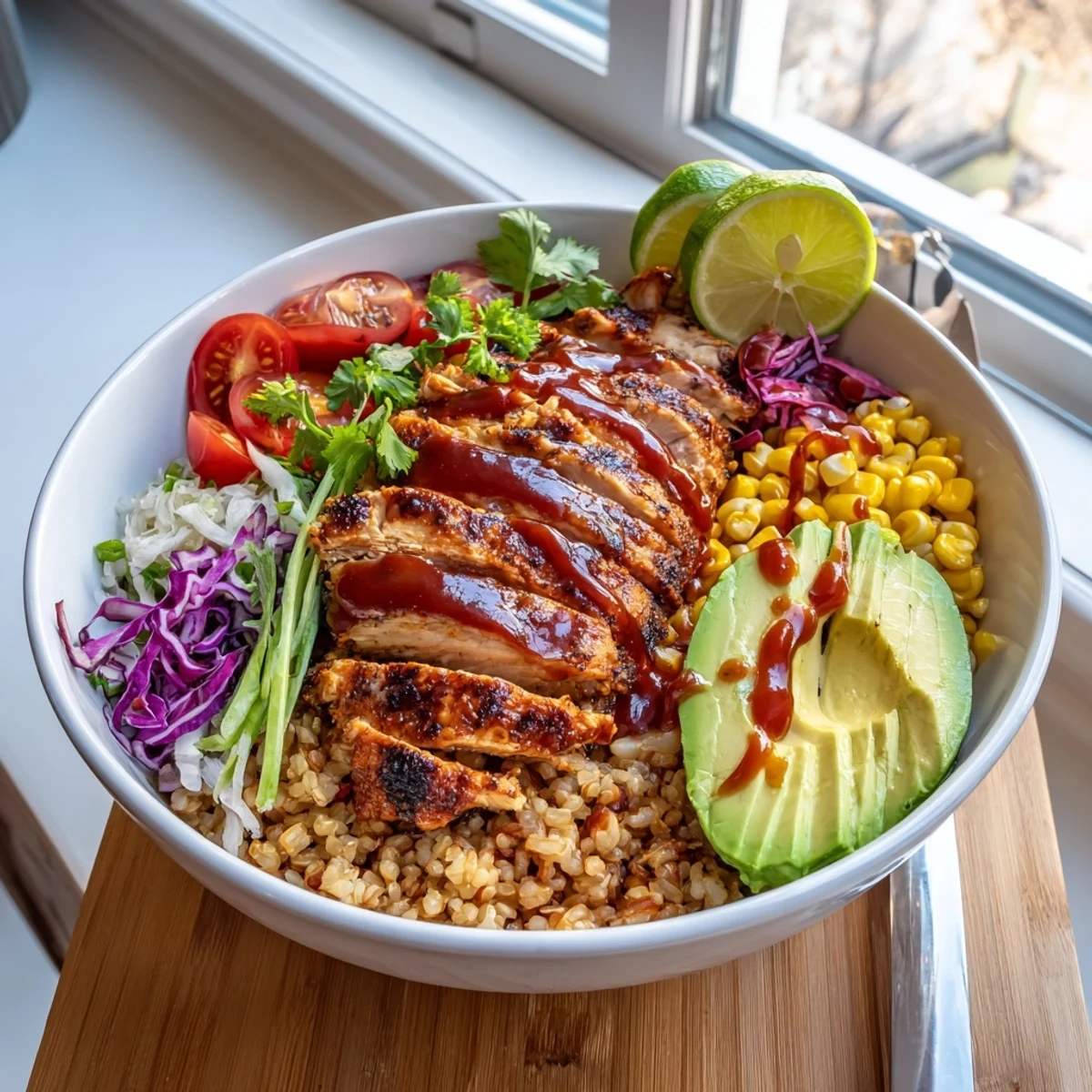 Barbecue chicken grain bowl with glossy glazed chicken sliced over quinoa and shredded cabbage