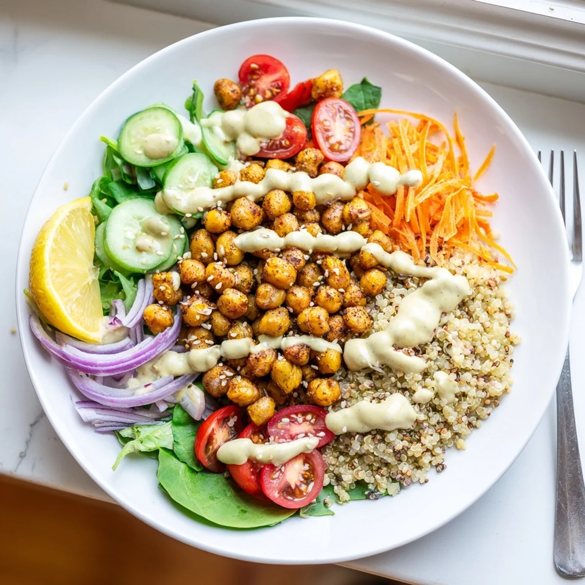 Colorful Quinoa Chickpea Bowl loaded with crisp vegetables and creamy tahini dressing