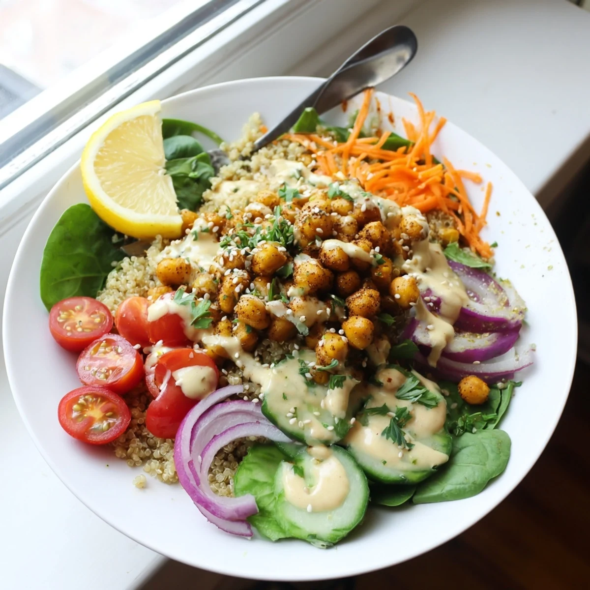 Steaming Quinoa Chickpea Bowl garnished with parsley, sesame seeds, and bright lemon wedges