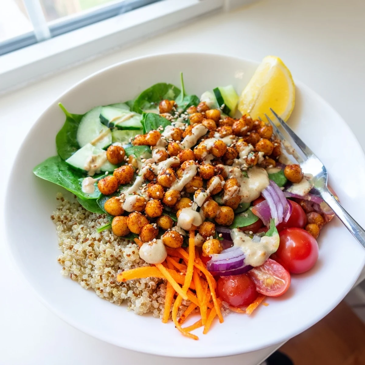 Golden roasted chickpeas crowning a fresh Quinoa Chickpea Bowl on rustic stoneware