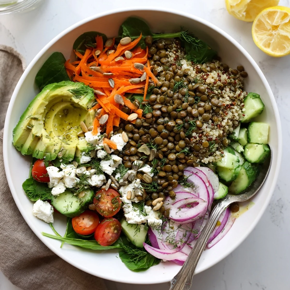 Hearty lentil grain bowl served in a rustic dish with toasted pumpkin seeds