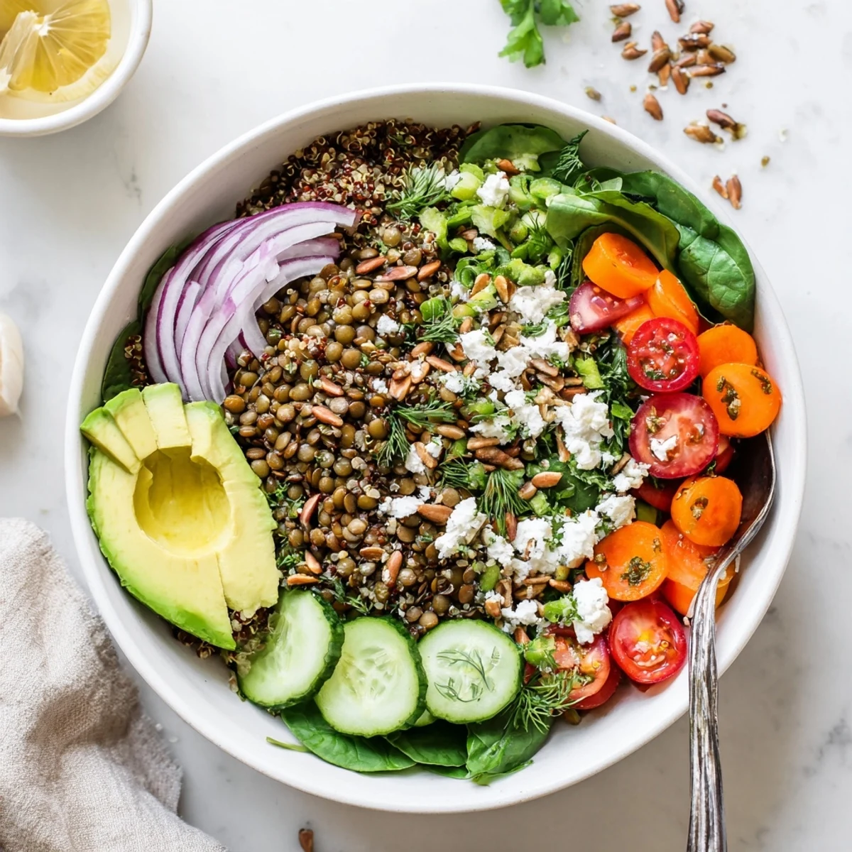 Vibrant lentil grain bowl featuring tender quinoa, crisp greens, and zesty lemon vinaigrette