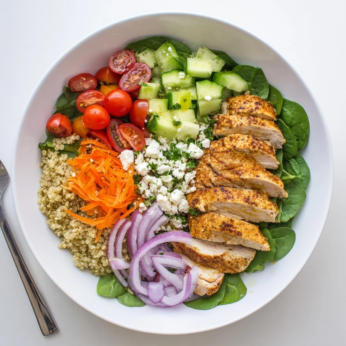 Tender sliced grilled chicken grain bowl topped with avocado and tomatoes