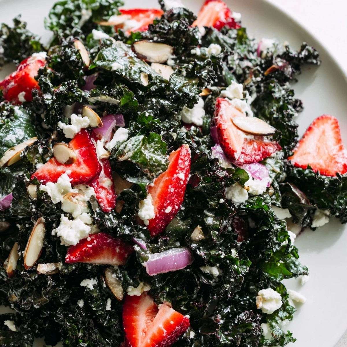 Fresh strawberry kale salad with honey lemon dressing drizzled on crisp greens