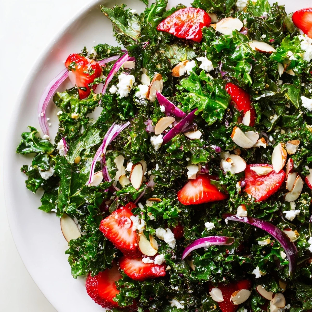 Vibrant strawberry kale salad topped with crumbled feta and toasted almonds