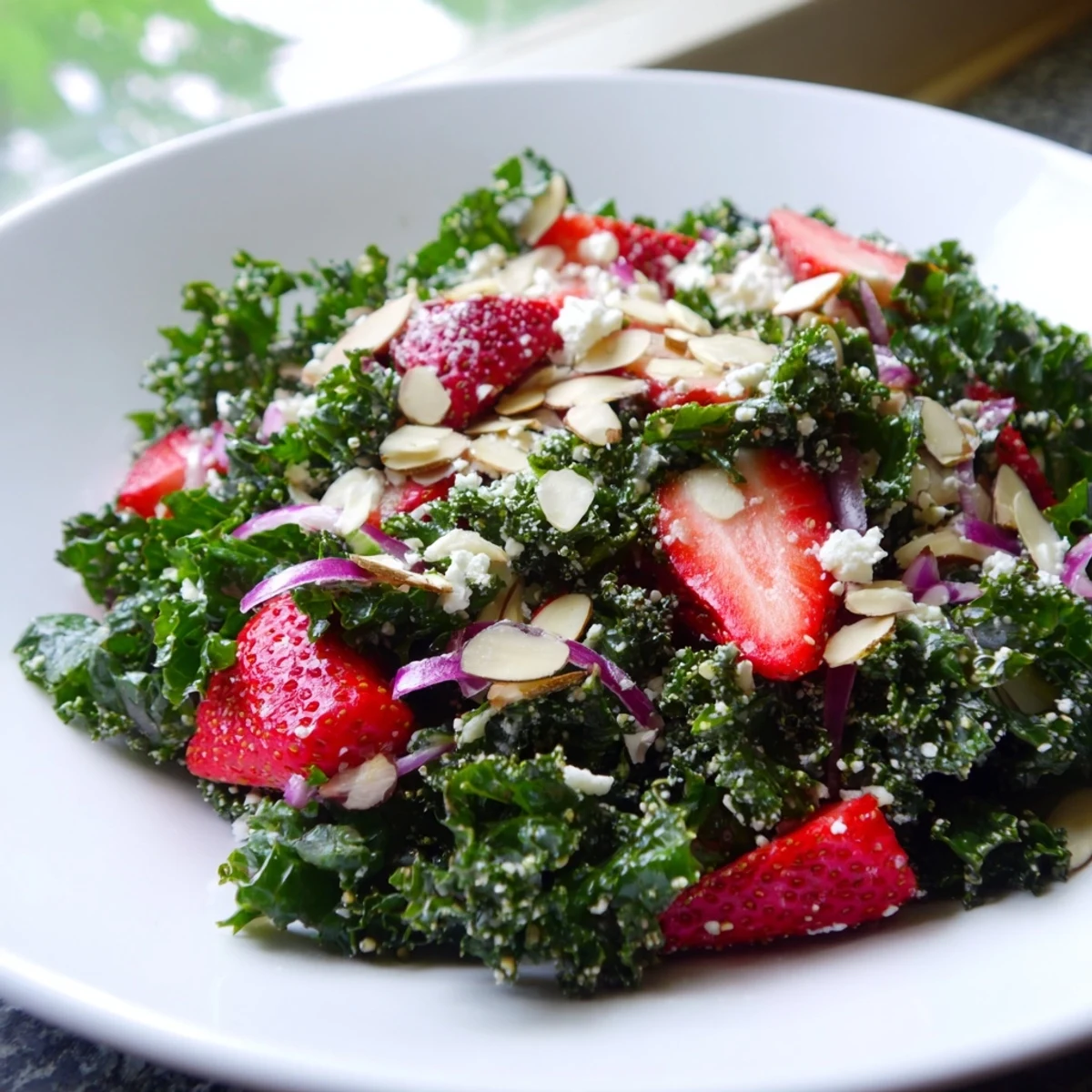 Crisp kale tossed with juicy strawberries and tangy honey lemon dressing