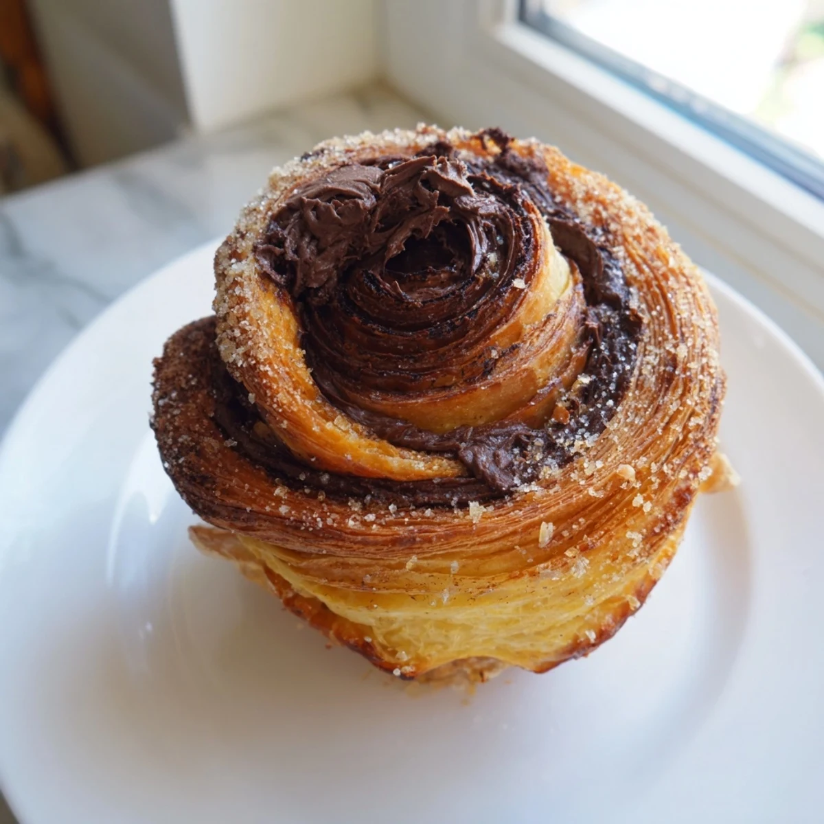 Golden cruffins with flaky spiral layers fresh from the oven on a wire rack