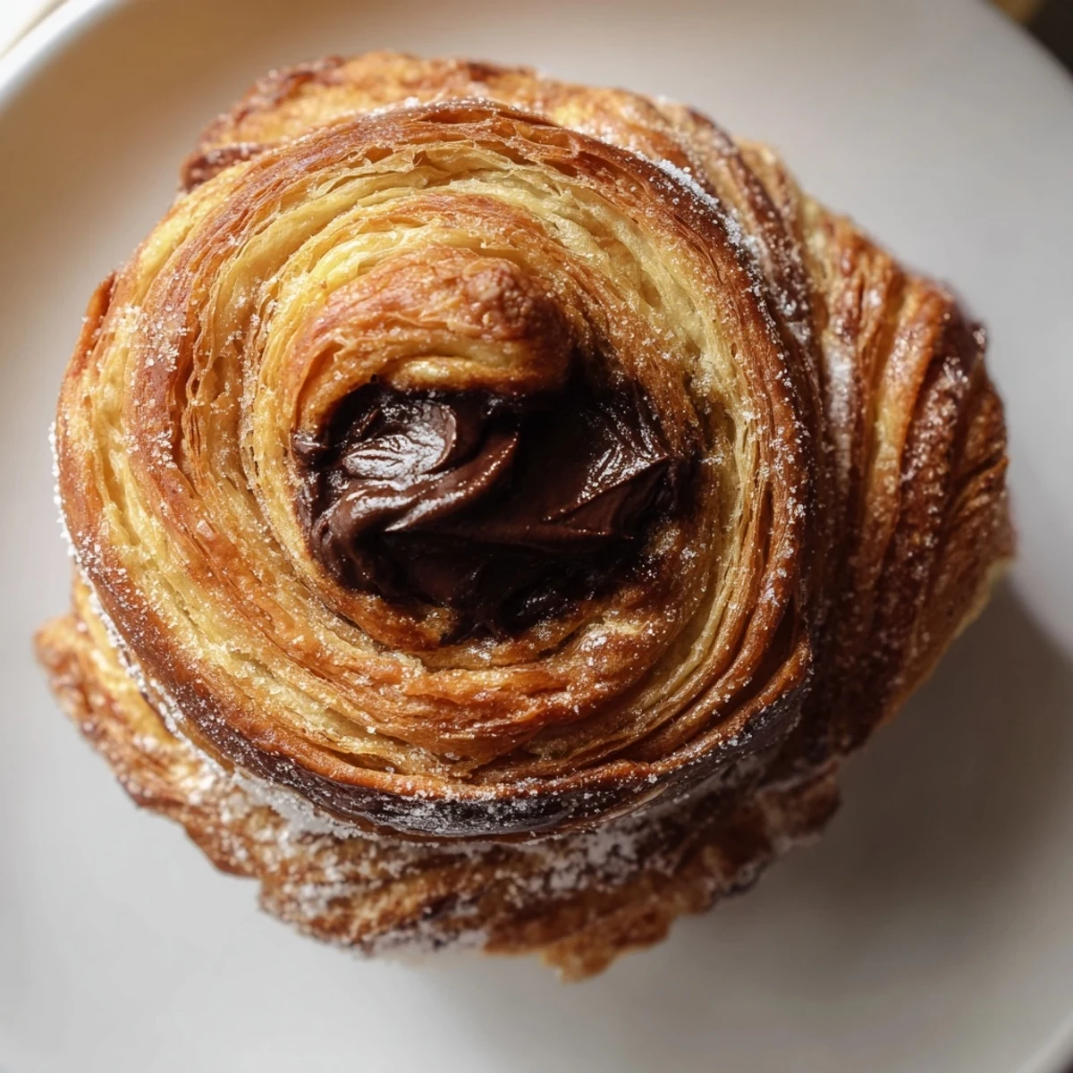 Crispy homemade cruffins filled with chocolate spread served warm for a decadent brunch