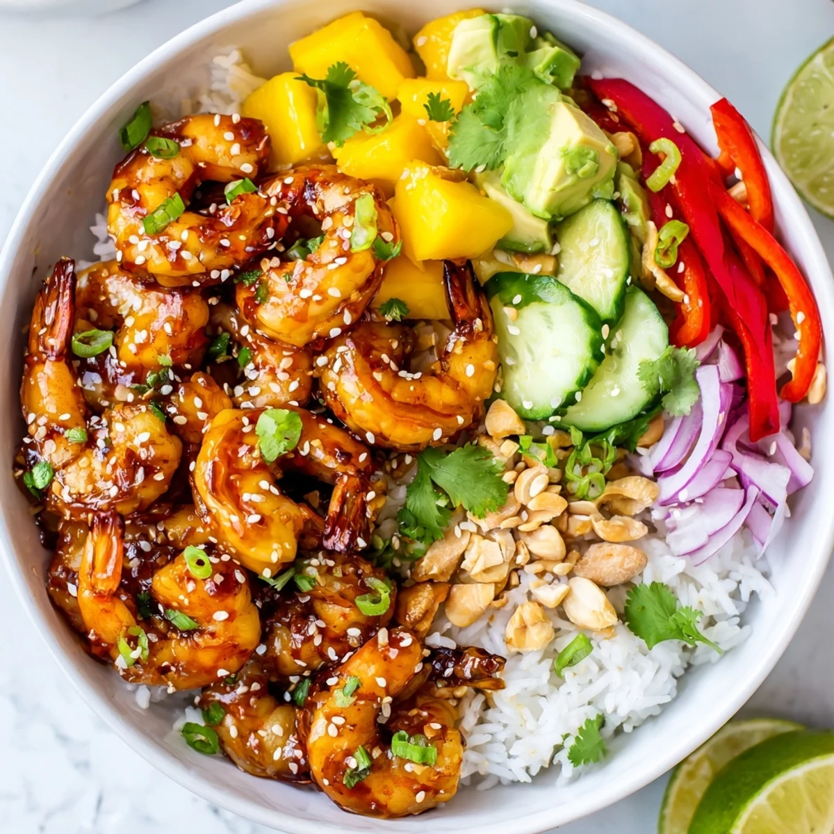 Sweet Chili Mango Shrimp Bowl with glistening pink shrimp, juicy mango cubes, and crisp vegetables over steamed rice