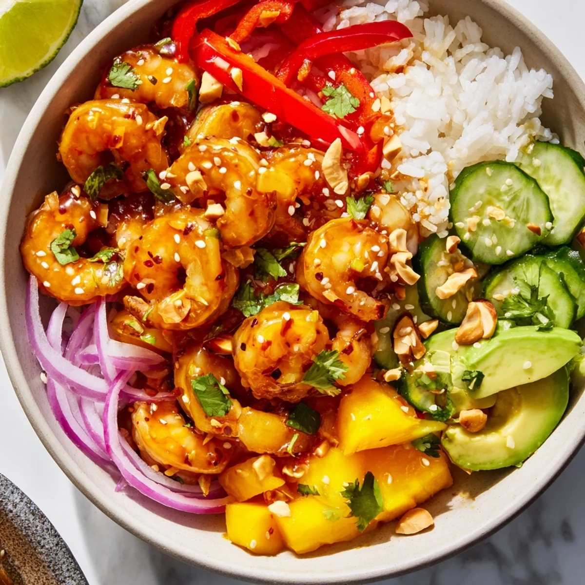 Tender glazed shrimp nestled atop fluffy rice with bright mango, sliced avocado, and fresh cilantro garnish