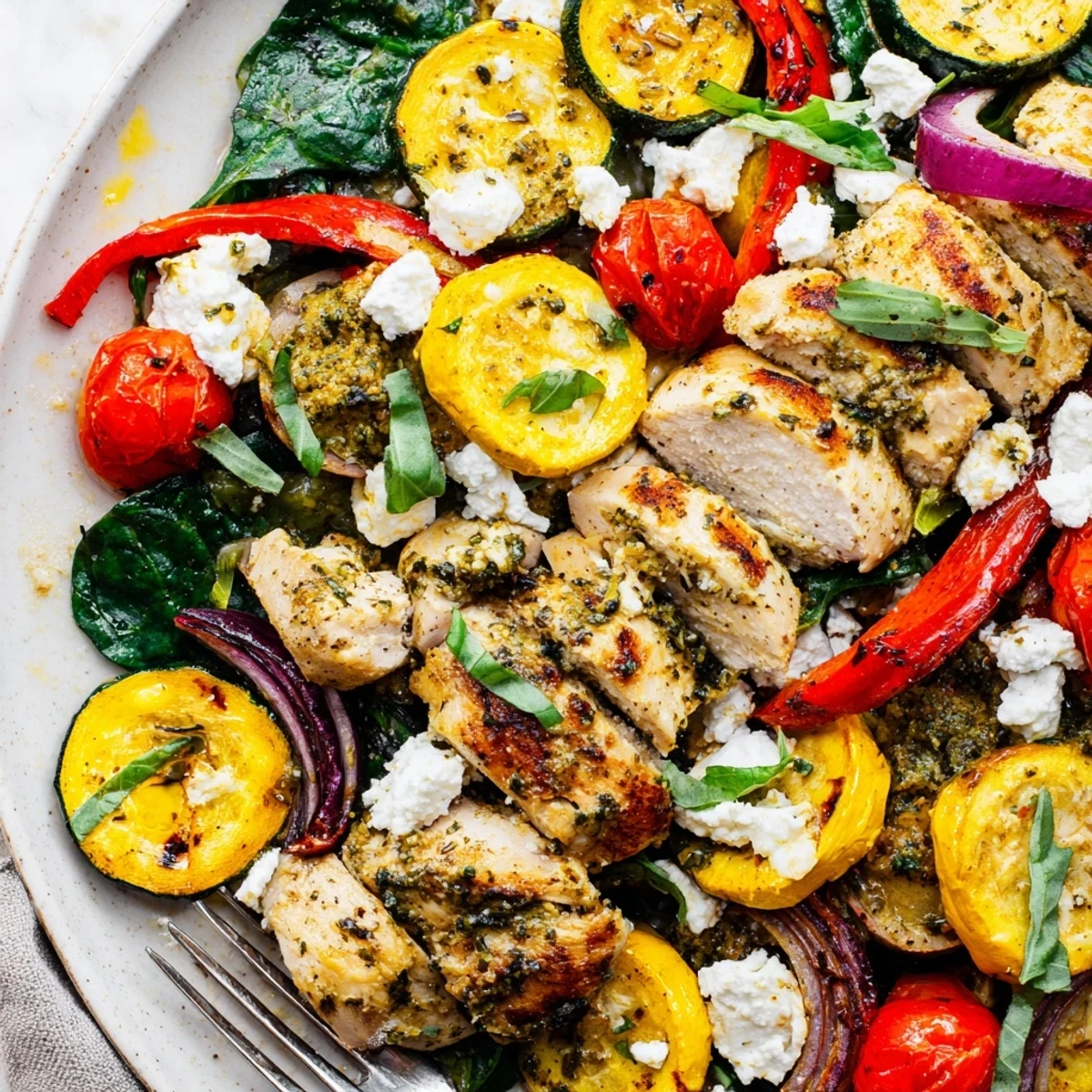 Juicy summer chicken bake topped with colorful tender vegetables and fresh basil