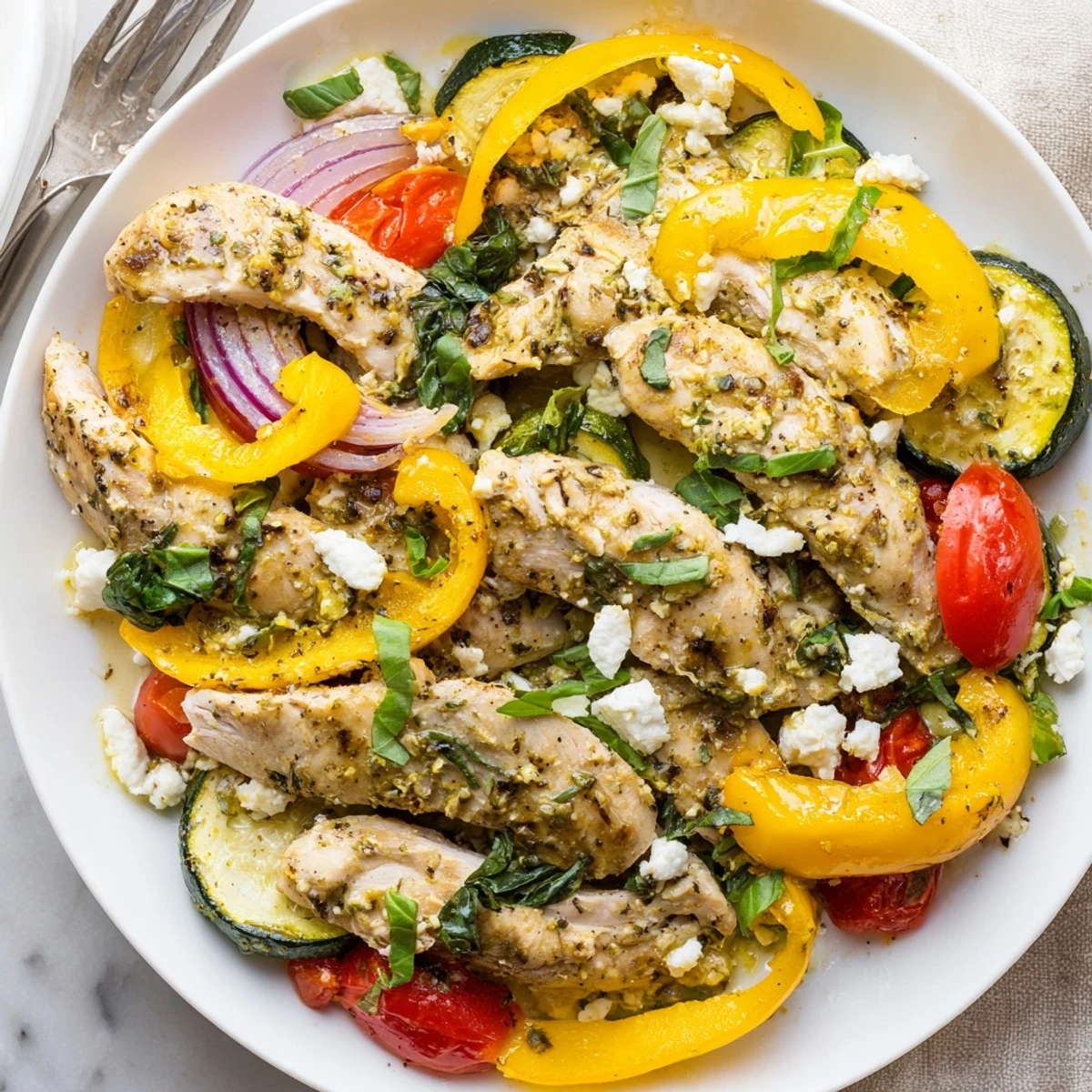 Golden summer chicken bake with roasted vegetables and crumbled feta cheese