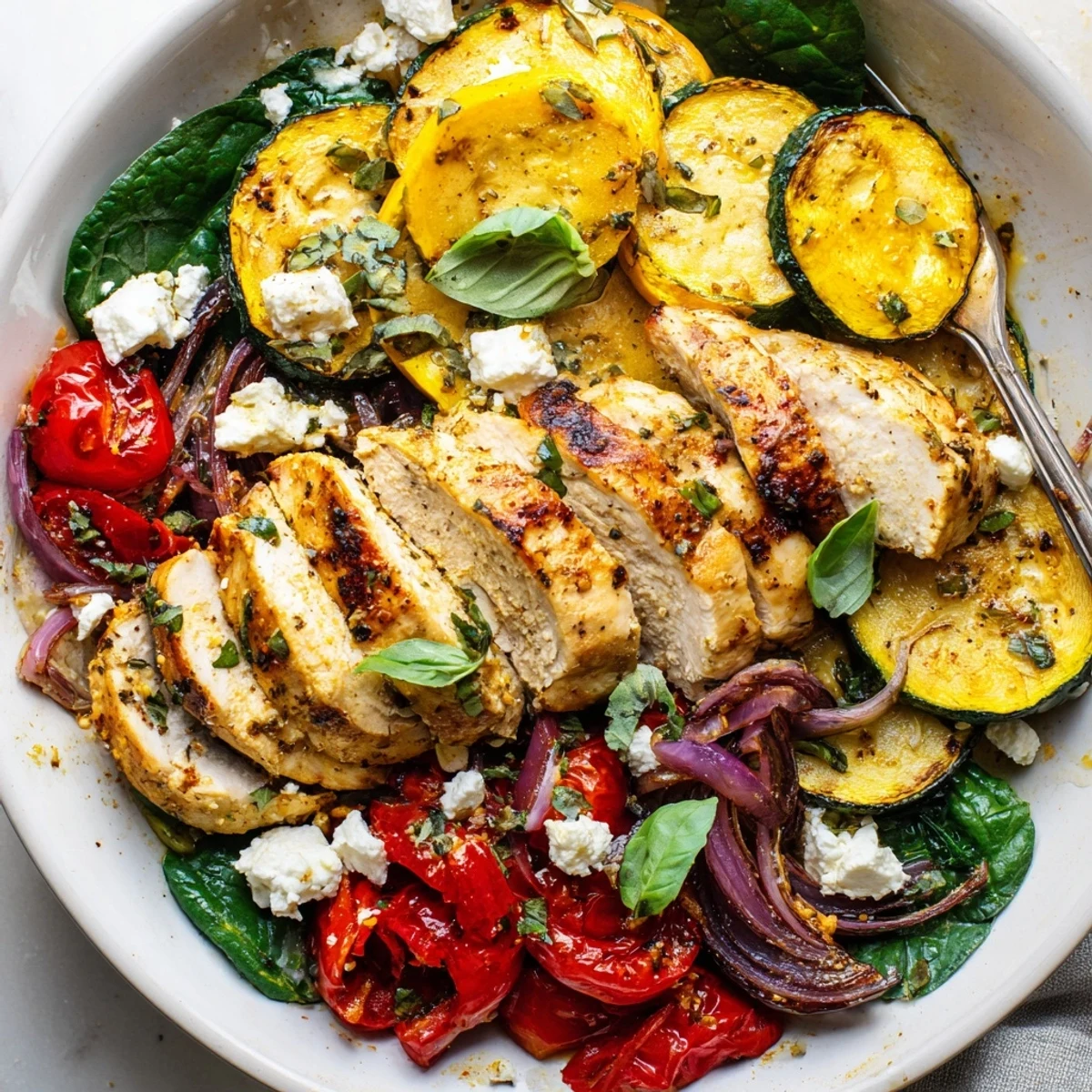 Bubbling summer chicken bake fresh from the oven with bright seasonal vegetables