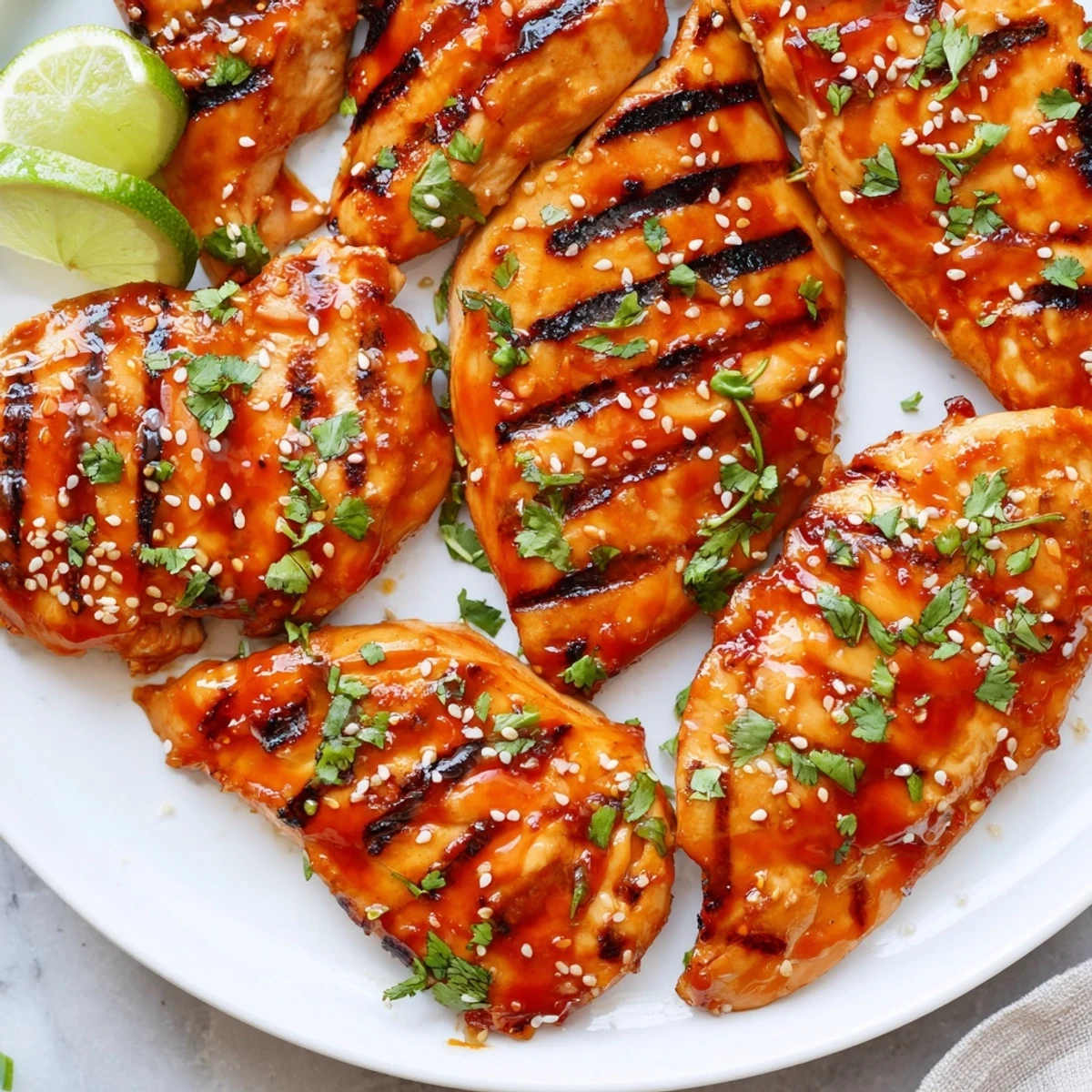 Sweet chili grilled chicken with charred edges, drizzled with sticky, golden, tangy glaze.
