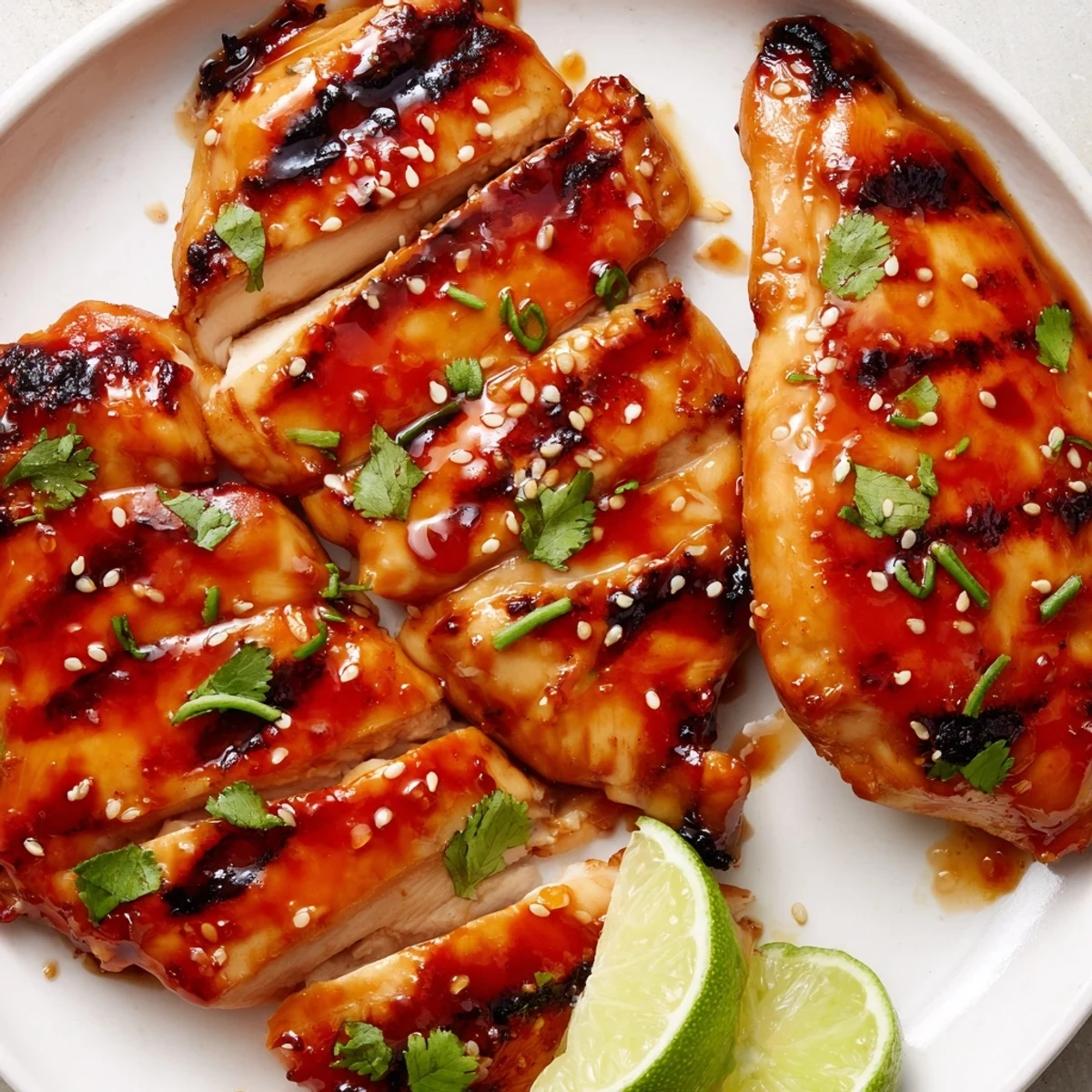 Glossy sweet chili grilled chicken sliced on a plate with cilantro and lime wedges.