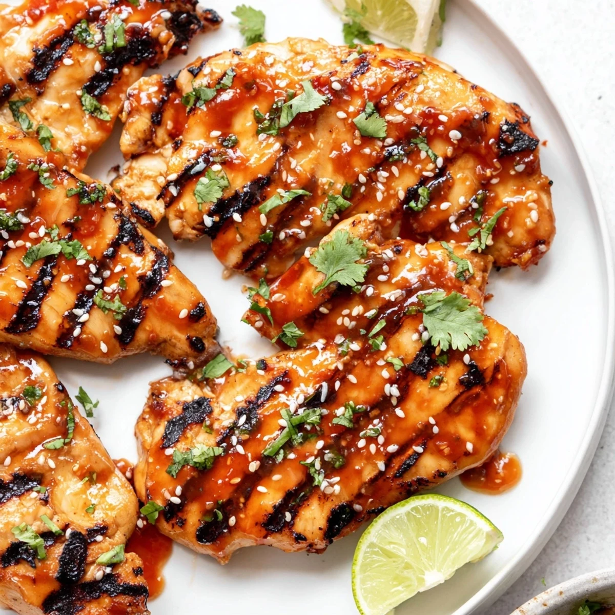 Juicy sweet chili grilled chicken resting on a cutting board, topped with sesame seeds and fresh cilantro.