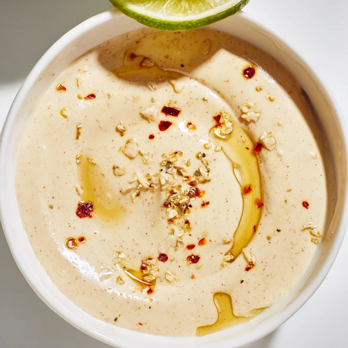 Creamy chili lime tahini sauce drizzled over a colorful roasted vegetable grain bowl