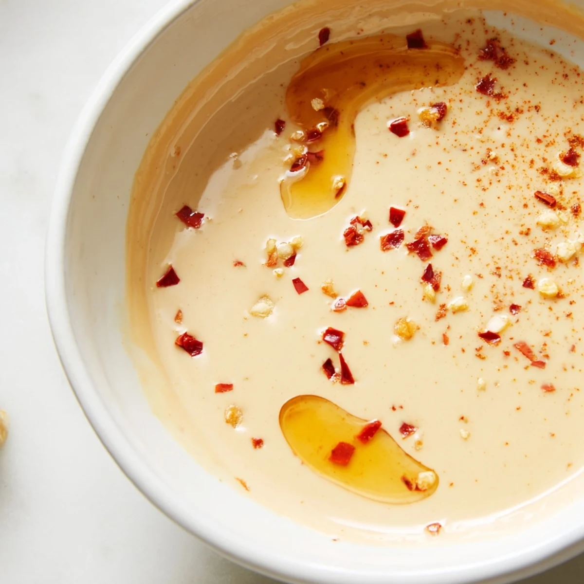 Thick, tangy chili lime tahini sauce swirled in a white dipping bowl