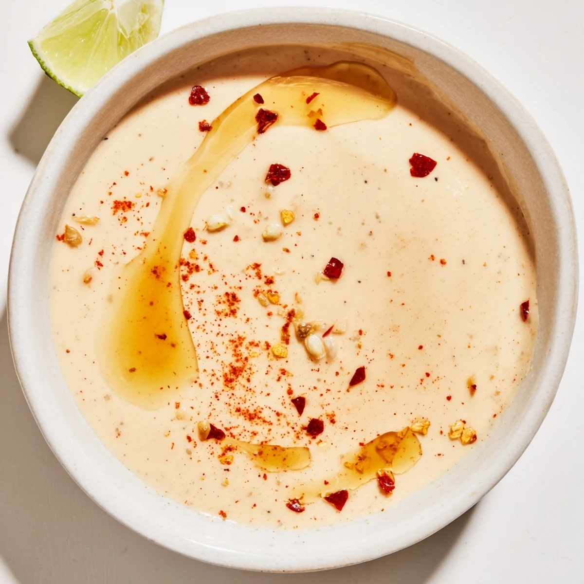 Smooth chili lime tahini sauce garnished with red pepper flakes and fresh herbs