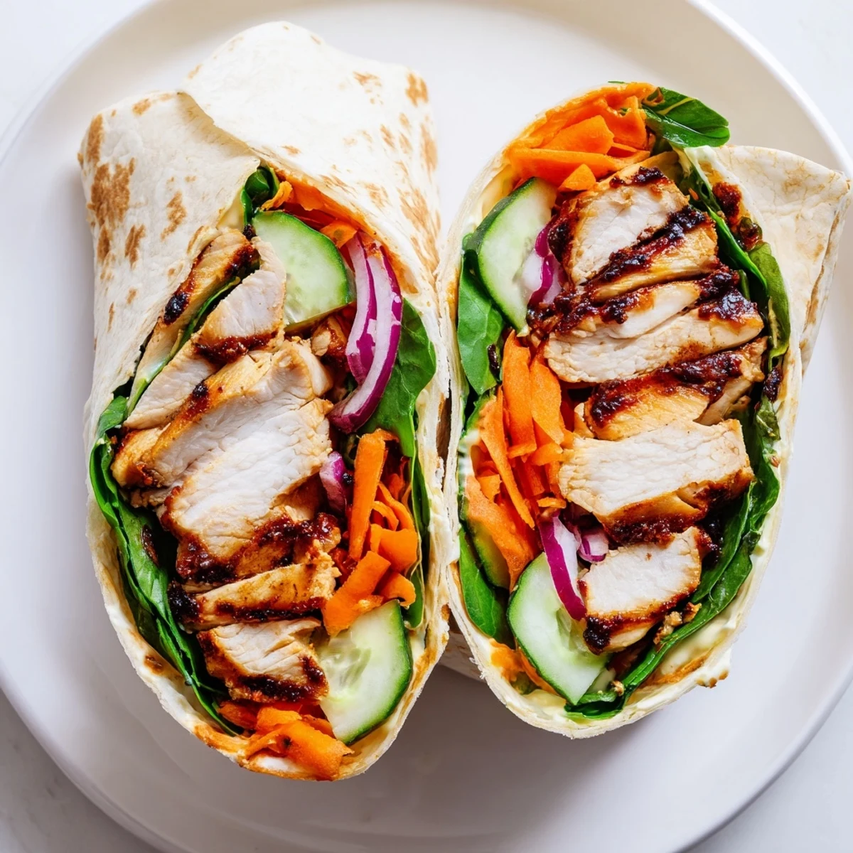 Vegemite charred chicken wrap filled with crisp vegetables and creamy tangy sauce