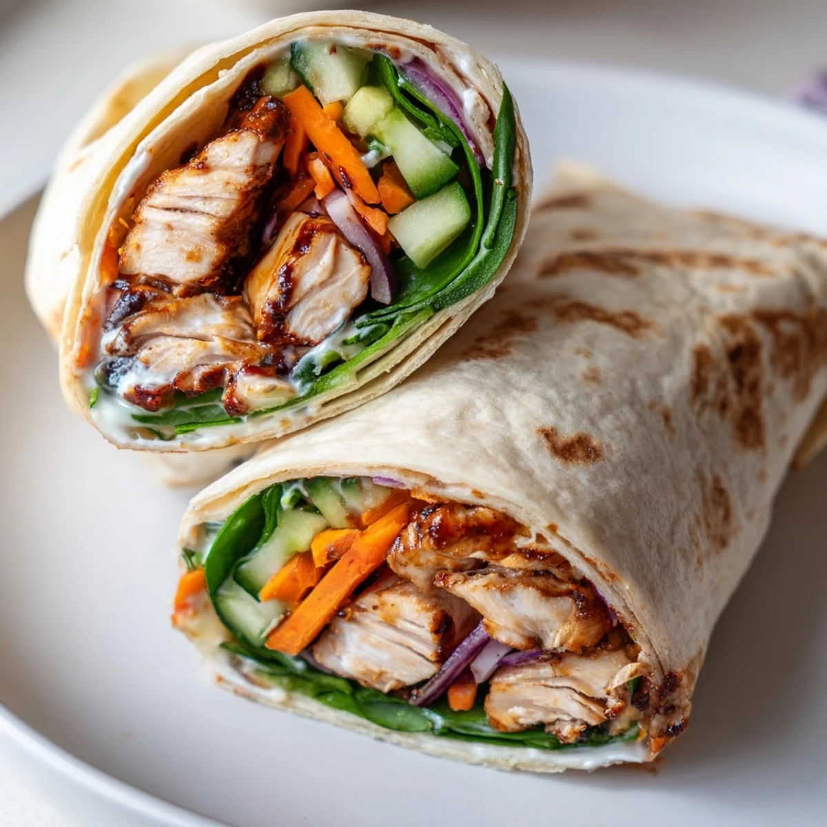 Close-up of Vegemite charred chicken wrap showing golden grilled chicken and fresh spinach
