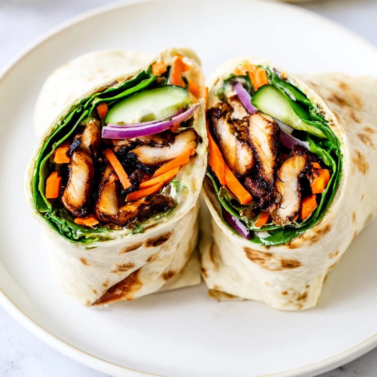 Vegemite charred chicken wrap sliced in half revealing colorful vegetables and savory glazed chicken