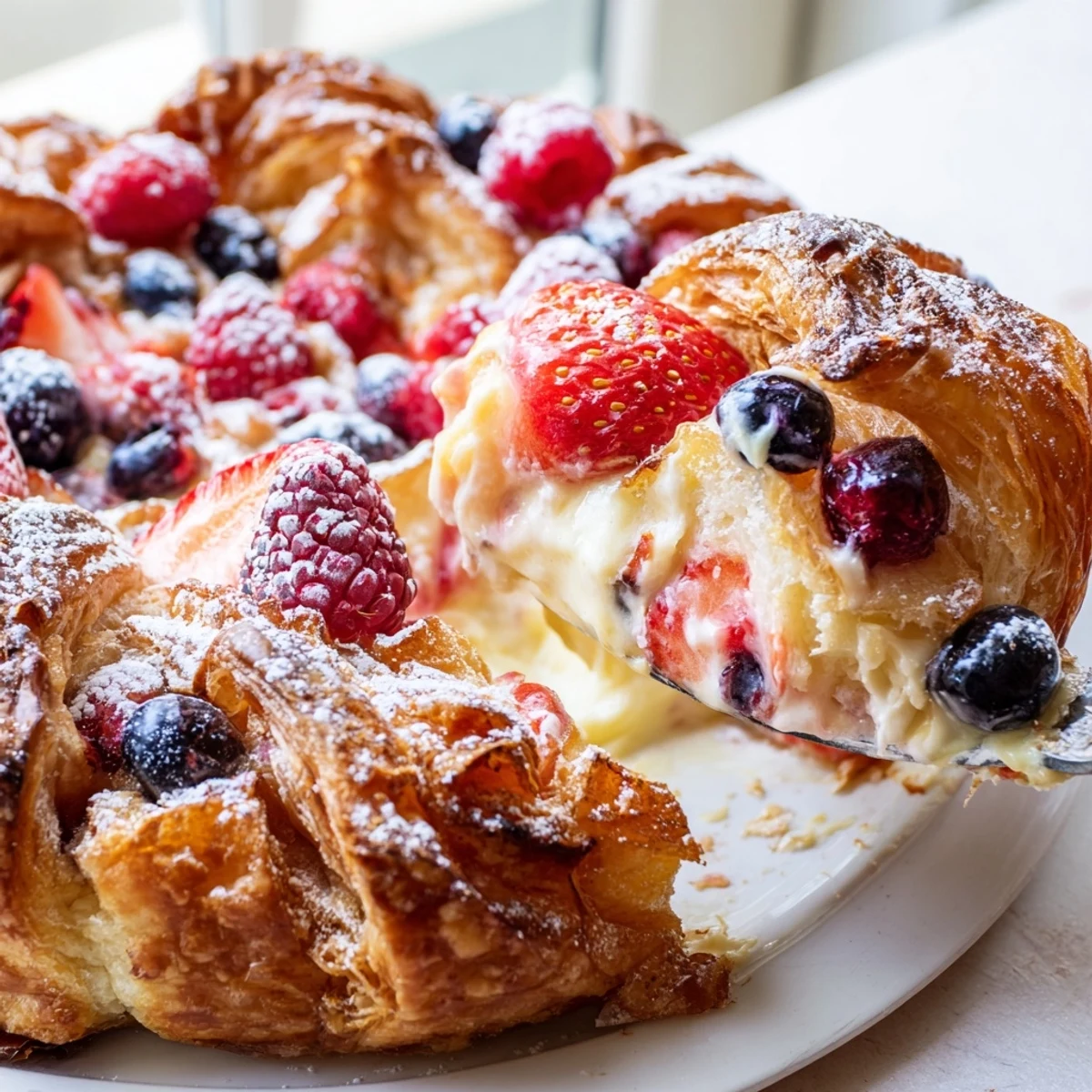 Golden berry croissant bake with juicy raspberries and blueberries in creamy custard