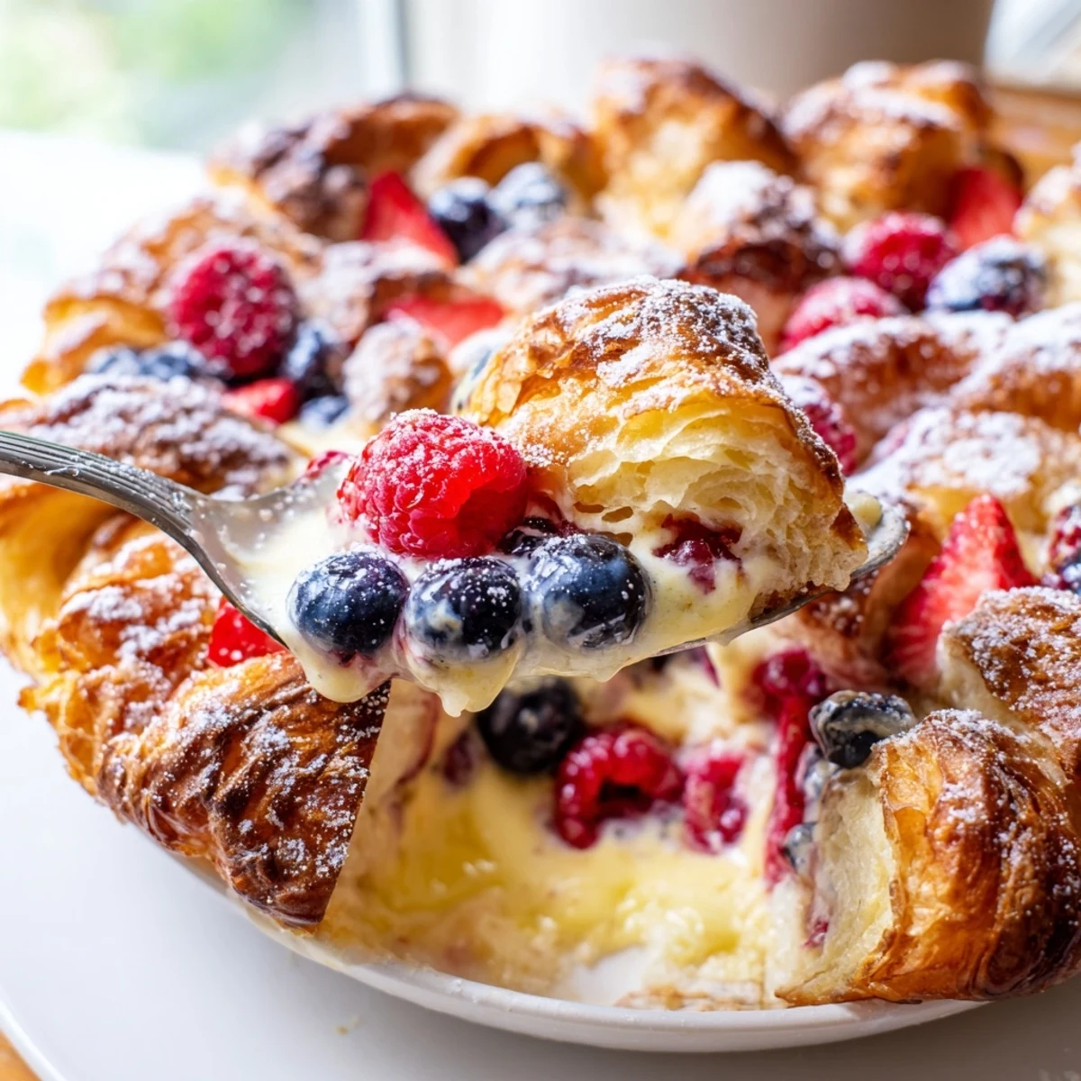 Berry croissant bake bubbling in a 9x13 dish dusted with powdered sugar