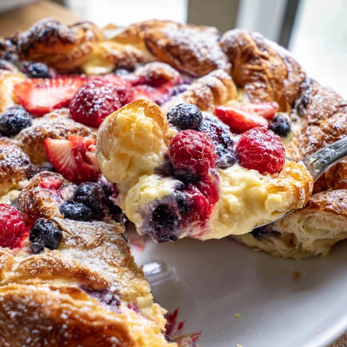 Warm berry croissant bake with custard-soaked bread and glistening mixed berries