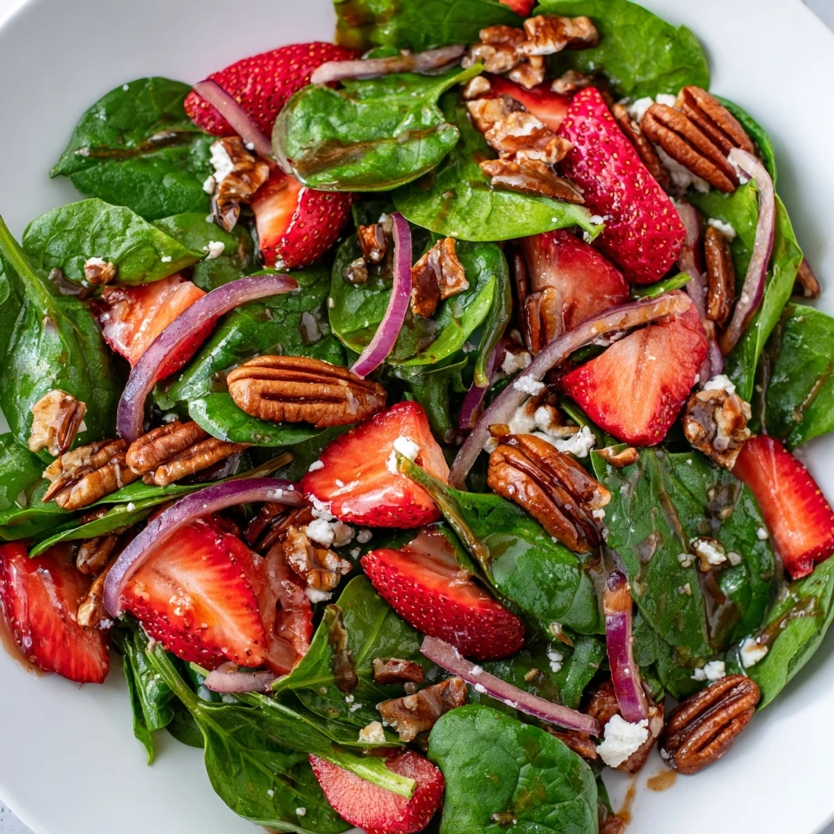 Fresh spinach strawberry salad with pecans drizzled with tangy balsamic vinaigrette