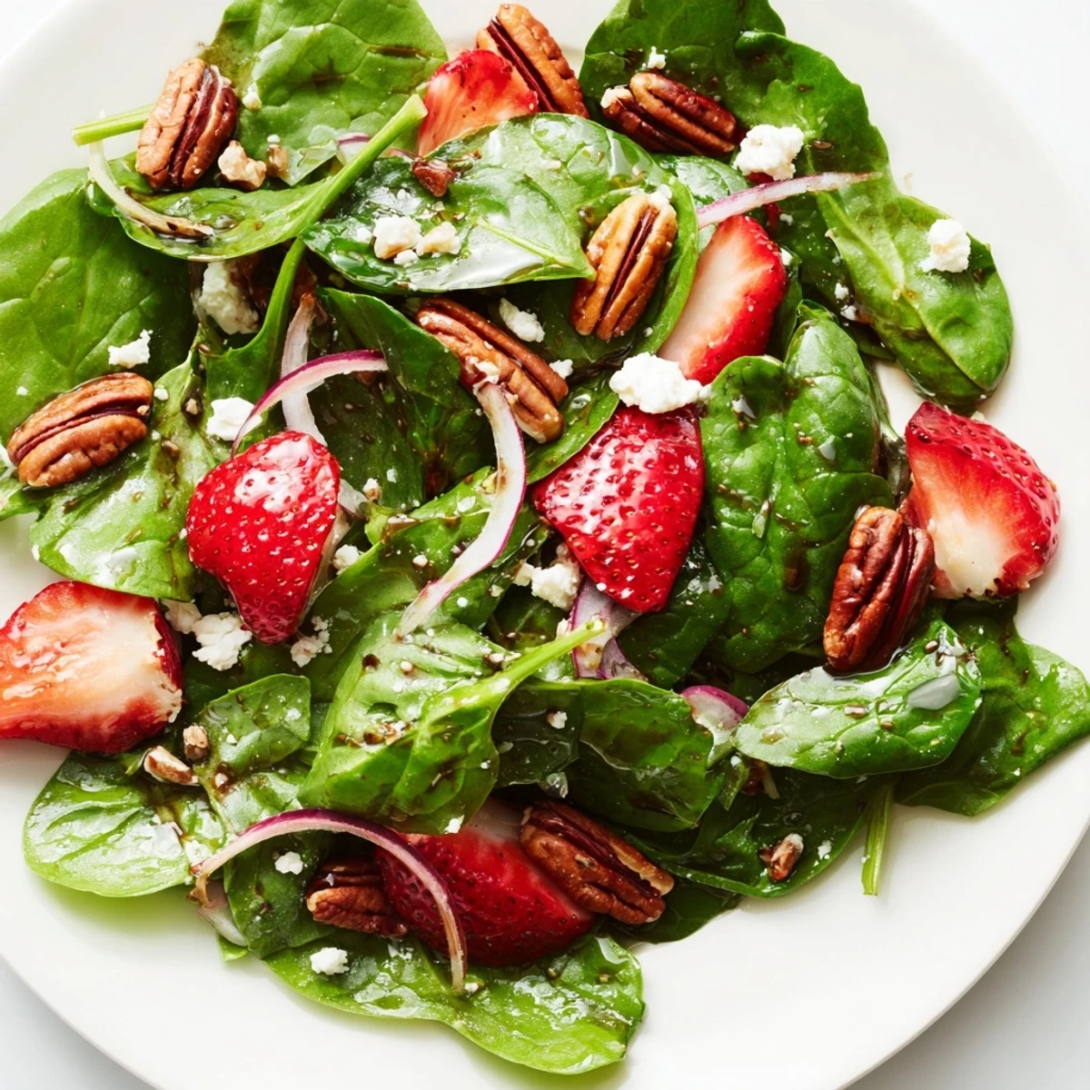 Spinach strawberry salad topped with juicy berries, crunchy pecans, and creamy feta