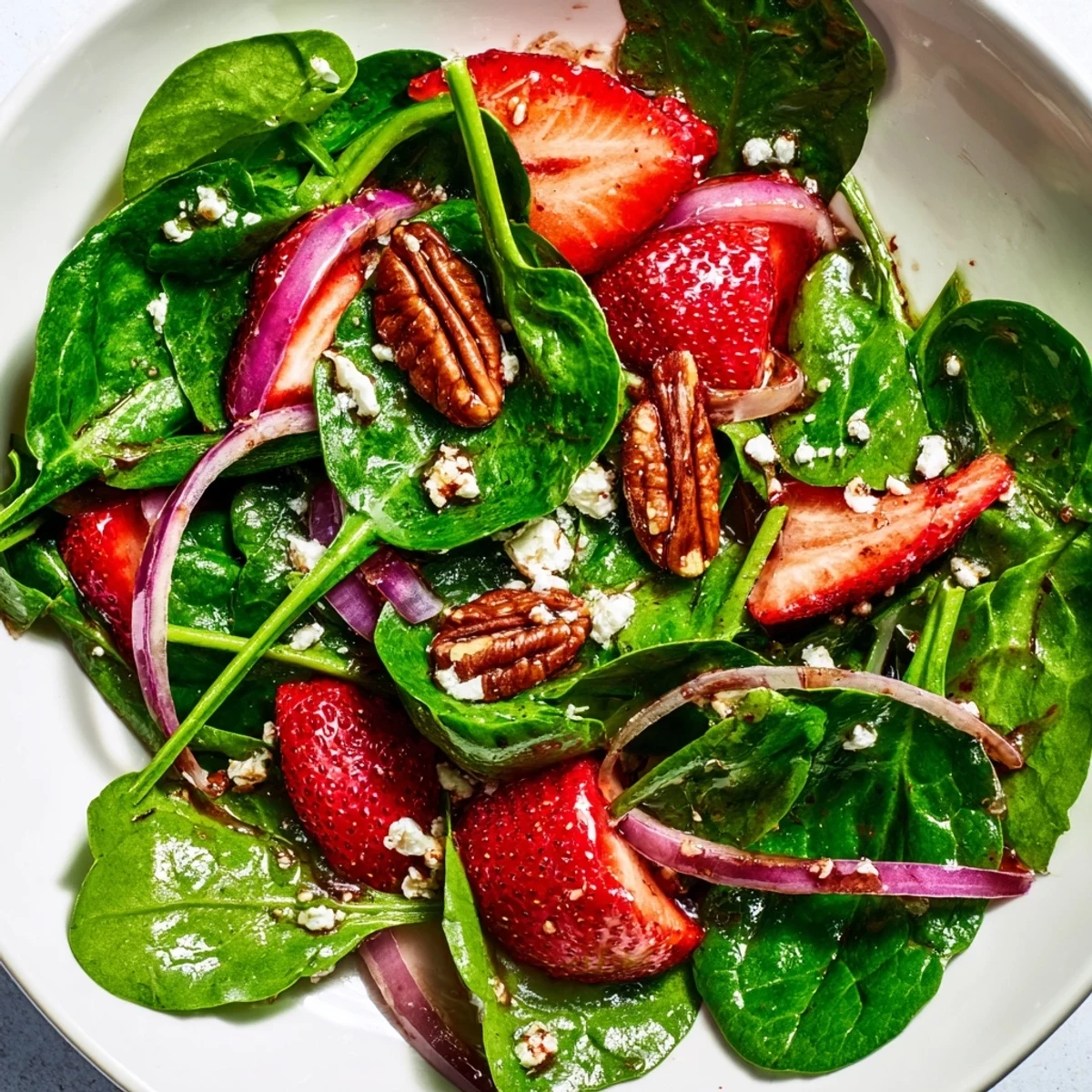 Bright summer spinach strawberry salad with pecans served in a rustic wooden bowl