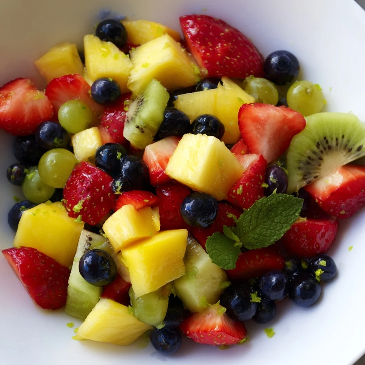 Colorful fruit salad with honey lime dressing glistening on fresh ripe berries