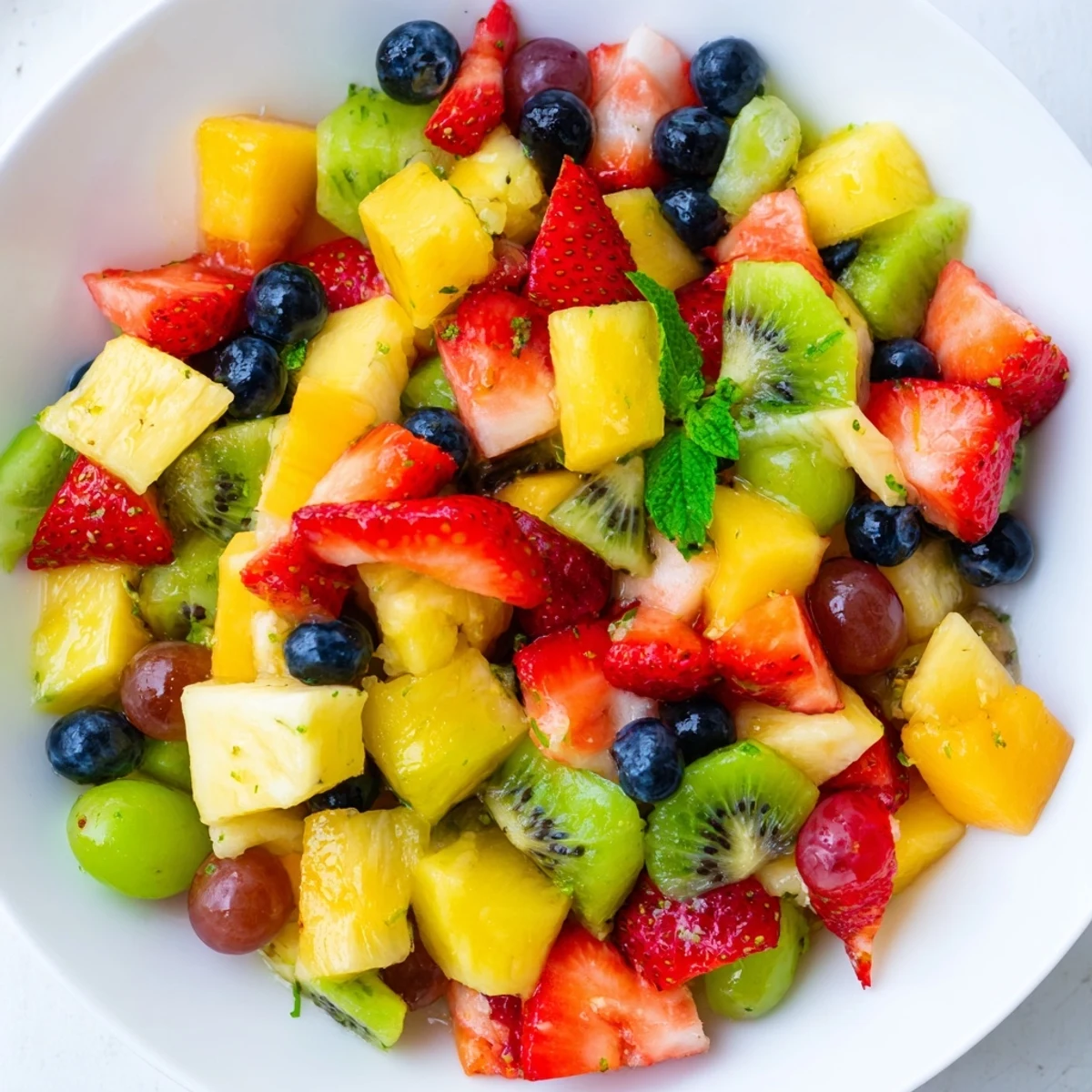 Tropical fruit salad drizzled with honey lime dressing served in a bowl