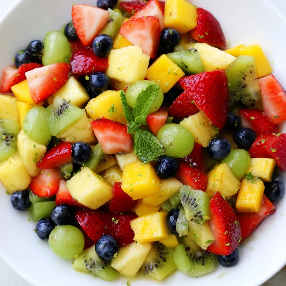 Bright fruit salad honey lime dressing recipe topped with fresh mint leaves