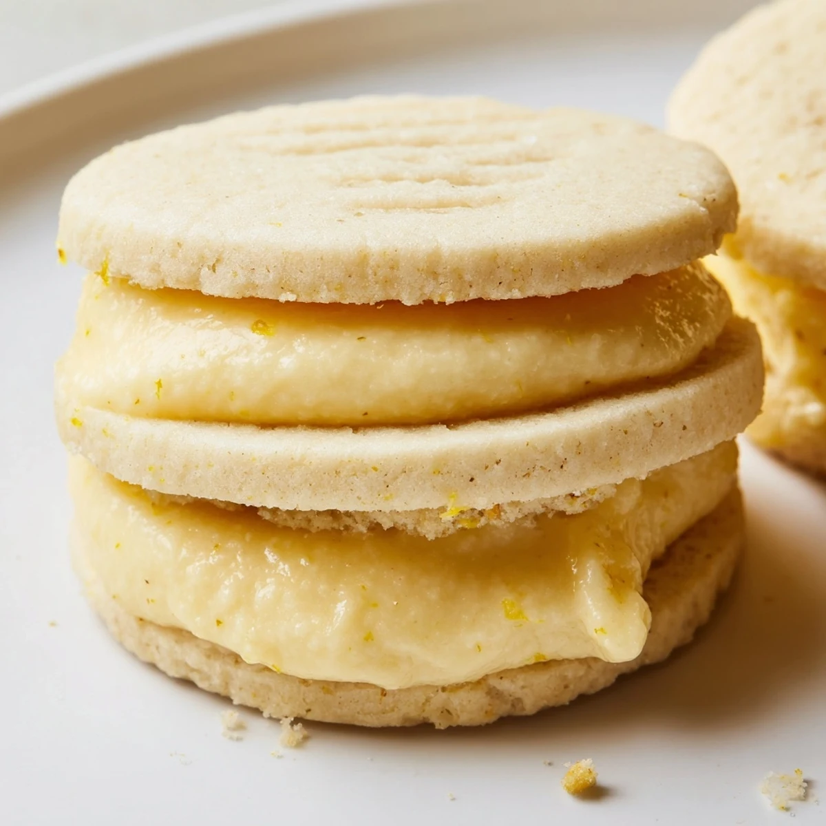 Golden vegan lemon sandwich cookies with creamy citrus filling on a rustic plate