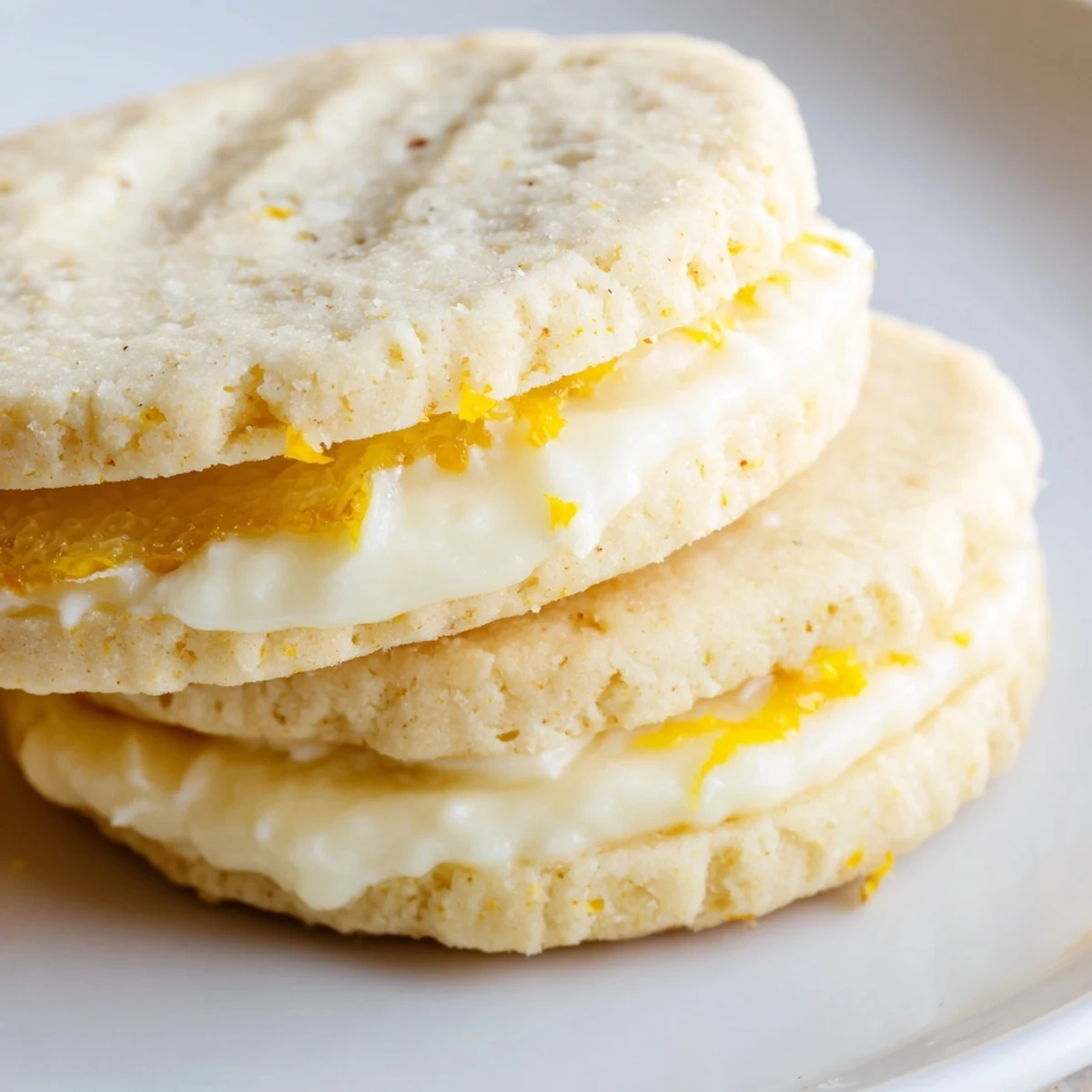 Vegan lemon sandwich cookies dusted with powdered sugar served beside afternoon tea